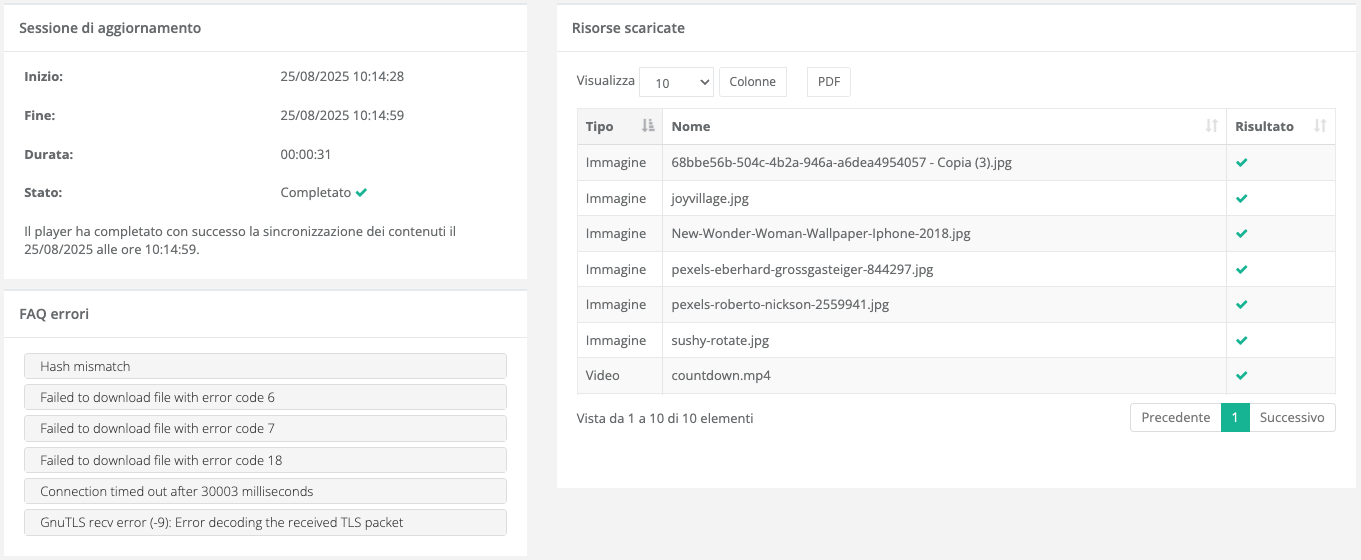 Dettaglio sessione di aggiornamento